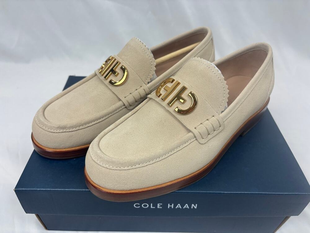 Cole Haan Kristin Penny Loafers Light Sesame Suede Gold Hardware Women's 7.5 NEW